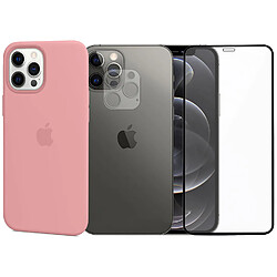 Protection intégrale Verre Trempé bords Noir iPhone 12 Pro+Verre Trempé Caméra Arrière+Coque souple silicone Rose Clair-Visiodirect-