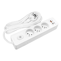 Null Multiprise SELDUR G3FH12B, 3 prises type E + interrupteur, USB A+C charge rapide 20W, Blanc, câble 1.5m