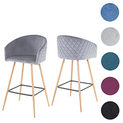 Mendler 2x tabouret de bar HWC-D72, chaise bar/comptoir, avec dossier, tissu ~ velours, gris