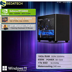 Sedatech Pack Mini-PC Gamer ITX • AMD Ryzen 9 5900X • RTX4060 • 16Go RAM • 1To SSD M.2 • Windows 11 • Moniteur 24''