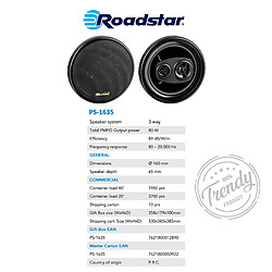 Haut-Parleurs de Voiture 16cm Coaxial, Audio à 3 Voies 2 Haut-Parleurs, PMPO 80W, 80 , Noir, Roadstar, PS-1635