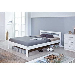 Avis Pegane Lit en pin massif coloris blanc, couchage 140x200 - longueur 145 x profondeur 205 x hauteur 72 cm