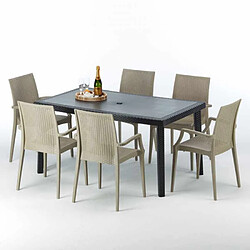 Grand Soleil Table rectangulaire et 6 chaises Poly rotin colorées 150x90cm noir Enjoy, Chaises Modèle: Bistrot Arm Beige Juta