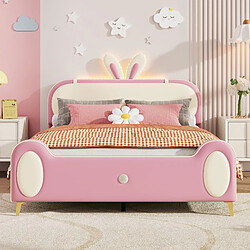 Acheter KOMHTOM Lit double enfant 140x200 cm, tête de lit lapin, bande lumineuse LED, cadre en bois massif et fer tubulaire, beige + rose