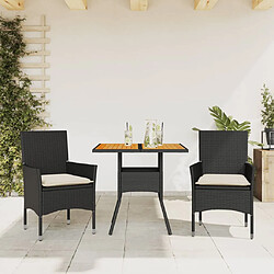 vidaXL Ensemble à manger de jardin et coussins 3 pcs noir rotin acacia