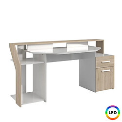 But Bureau gamer LED CASSANDRA blanc et imitation chêne 