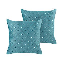 Beliani Lot de 2 coussins YARROW Velours 45 x 45 cm Géométrique Bleu paon