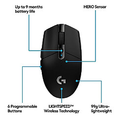 Universal G305 Mouse de jeu sans fil avec capteur de héros (12'000 dpi, léger, jeu PC, accordable avec 6