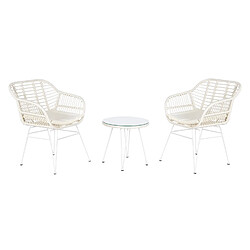 Pegane Ensemble de jardin avec table et 2 fauteuils en rotin synthétique et verre coloris blanc