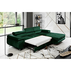 VENESETTI Canapé d'angle convertible ARMEL en tissu velours luxe 5 places, couleur vert foncé, avec coffre, angle droit (vu de face)