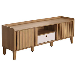 Mendler Meuble TV HWC-M48, Buffet TV, porte coulissante en bois massif de manguier 56x150x40cm ~ naturel, tiroir blanc pas cher