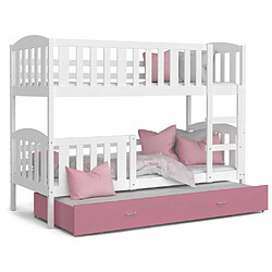 Kids Literie Lit Superposé 3 Places Teo 90x190 Blanc - rose Livré avec sommiers, tiroir et matelas en mousse de 7cm pas cher