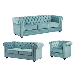 Vente-Unique Canapés 3 places et 2 places et fauteuil en velours bleu pastel CHESTERFIELD