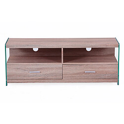 Pegane Meuble TV avec 2 tiroirs en bois / verre coloris chêne - Longueur 121 x profondeur 39 x hauteur 44 cm