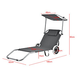 Avis Transat avec Brise-soleil et avec Roulettes Bain de Soleil Polyester et Acier Revêtu par Poudre Gris Foncé 146 x 52 x 15 cm [casa.pro]