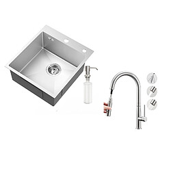 Auralum MAX Évier Cuisine 1Bac Argent,44*49*20 CM,avec Distributeur Savon,Inox+Robinet Cuisine avec Douchette Extractible,2 Modes Jets ,Brossé