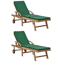 Maison Chic Lot de 2 Chaises longues avec coussins | Transat Bain de soleil Bois de teck solide Vert -GKD77942