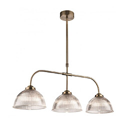 Luminaire Center Suspension Ashford Laiton antique avec verre côtelé transparent 3 ampoules 8cm