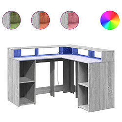 Helloshop26 Bureau table poste de travail meuble d'ordinateur informatique étude et lumières LED sonoma 130 x 130 x 91cm bois ingénierie gris 02_0023806