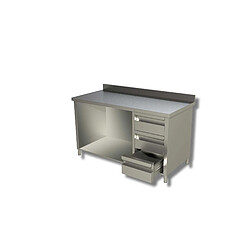 Table Inox sur armoire ouverte avec 1 etagere et 3 tiroirs a droite et dosseret Gamme 600 - Ristopro