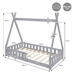 ML-Design Lit d'enfant Tipi + matelas lit avec protection antichutes en bois gris 80x160cm pas cher