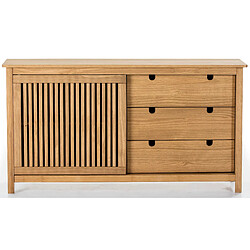 Pegane Buffet bas en pin massif décor ciré chêne, meuble de rangement - Longueur 150 x Profondeur 40 x Hauteur 80 cm