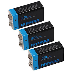 Vhbw EXTENSILO 3x Piles bloc batterie 9V pour divers appareils (1000mAh, 9V, Li-ion), prête à l'emploi, avec port micro-USB