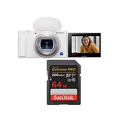 Sony ZV-1 Caméra Blanc+SanDisk 64 Go Extreme Pro SDXC UHS-I U3 V30 4K 200 Mo/s