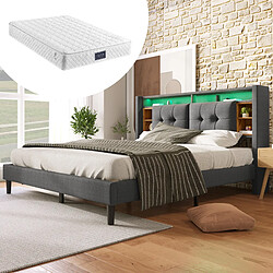 Avis KOMHTOM Lit Double Capitonné - 160 X 200 cm - Chargement Usb Et Éclairage Led - Gris - Matelas Inclus