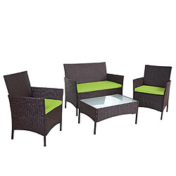 Decoshop26 Salon de jardin en polyrotin marron 2 fauteuils 1 banc et table inclus coussins verts 04_0000056