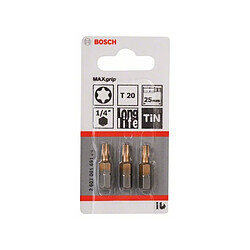 Lot de 3 embouts de vissage Max Grip Torx T20 queue 6 pans mâle 1/4"" Longueur 25mm BOSCH 2607001691