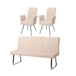 Decoshop26 Lot de 2 chaises de salle à manger avec accoudoirs + banc 180 cm inox brossé tissu chenille crème 04_0008284