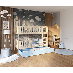 Kids Literie Lit Superposé Teo 90x190 Pin - bleu Livré avec sommiers, tiroir et matelas en mousse de 7cm