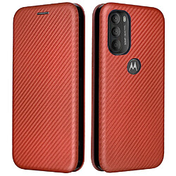 Coque en TPU + PU texture en fibre de carbone avec support et porte-carte orange pour votre Motorola Moto G71 5G