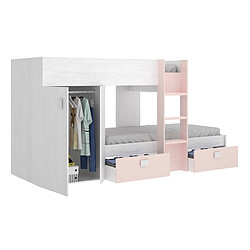 Acheter Pegane Lit enfant superposé avec armoire et 2 tiroirs coloris Blanc, rose - Longueur 271 x Profondeur 111 x Hauteur 150 cm