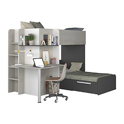 Avis Vente-Unique Lits superposés d'angle 2 x 90 x 190 cm - Avec bureau - Gris, blanc et noir + Matelas - SAMUEL