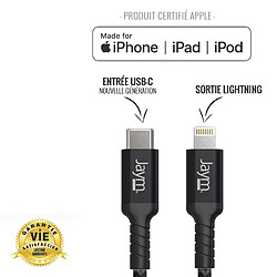 Jaym - Cable Premium 1,50 m -USB-C vers Lightning (Certifié MFI) compatible iPhone, iPad, AirPods - Charge rapide 3A Power Delivery -Garanti à Vie- Ultra renforcé - Longueur 1,5m