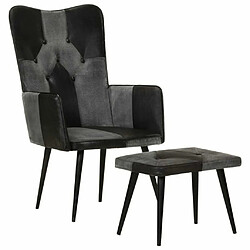 Maison Chic Fauteuil et repose-pieds,Fauteuil luxe pour relax Noir Cuir véritable et toile -MN83595