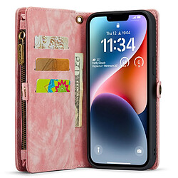 Etui en cuir fendu CASEME magnétique avec support, pochette à fermeture éclair et sangle pour votre iPhone 14 - rose