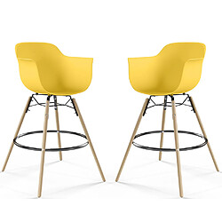 ICONIK INTERIOR Tabouret de Bar - Design Scandinave - Pieds en Bois - Lot de 2 - Nordika Jaune