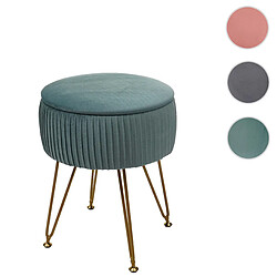 Mendler Pouf HWC-K47, tabouret avec compartiment de rangement, Ø 33cm, aspect velours ~ vert, piètement or