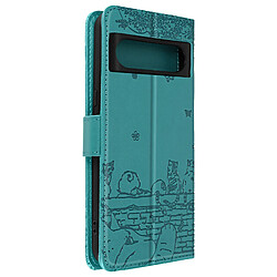 Avizar Etui Chat pour Google Pixel 8 Portefeuille série Kawaii Cat Cover Turquoise