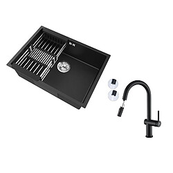 Auralum Max Évier Cuisine 1 Bac 60*44*20CM,inox 304,sous-plan avec Panier Drainage,Noir+Robinet de cuisine rétractable à deux fonctions, Noir