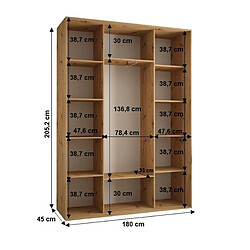 Acheter Abiks Meble Armoire SAPPORO 2 À Portes Coulissantes 205,2/180/45 3 Portes (Noir/Artisan)