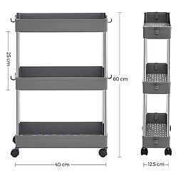 Helloshop26 Chariot de rangement mobile sur 3 niveaux étagère sur roulettes gain de place étagère fine pour salle de bain cuisine design ajouré 40 x 12,5 x 60 cm gris 12_0003492