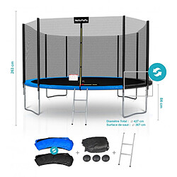 Play4Fun Trampoline de Jardin Deluxe 14FT ø427cm Réversible Bleu / Noir - Pack trampo Extérieur avec Echelle, Filet de sécurité