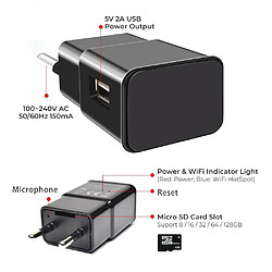 Avis Mini caméra d'espionnage intelligente chargeur USB prise européenne, fonctionnement WIFI et DV, HD 1080P, surveillance de maison, carte micro SD 128GO