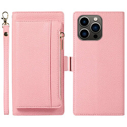 Etui en PU texture litchi, antichoc, magnétique avec support, pochette à fermeture éclair et sangle pour votre iPhone 14 Pro Max - rose