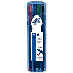 Staedtler Triplus Ballpoint, Stylos-bille triangulaires à pointe fine, Étui chevalet avec 4 couleurs lumineuses assorties, 437 FSB4