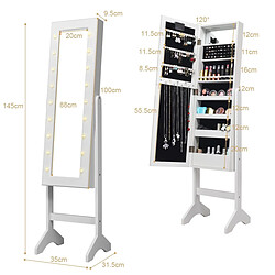 Helloshop26 Armoire à bijoux sur pied avec 18 led angle réglable doublure en velours doux 35 x 31,5 x 145 cm blanc 20_0005411